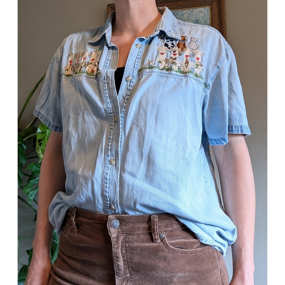 Vintage Bill Blass Jeans Shirt M Embroidered Cats Grandmacore Cat Lady Oversized
